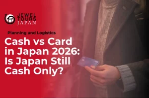 Cash vs card in Japan showing traveler holding yen and credit card in Tokyo