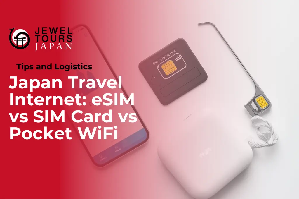 Japan travel internet options comparison showing eSIM, SIM card, and Pocket WiFi device for travelers visiting Japan