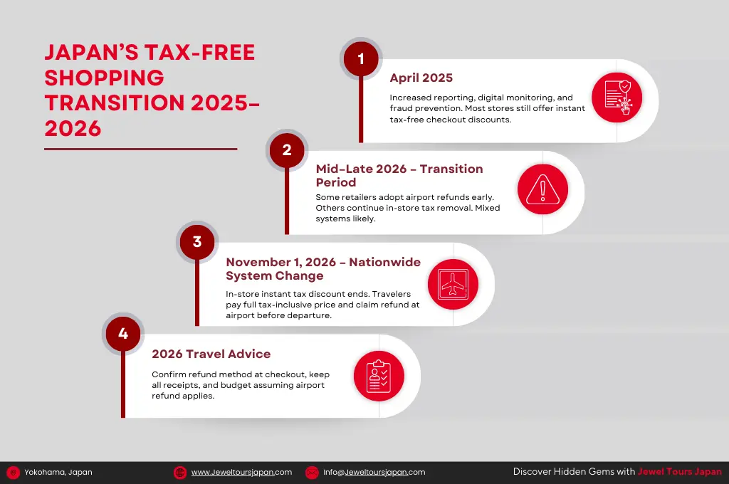 Japan tax free shopping transition timeline 2025 to 2026 showing April compliance changes and November 1 airport refund system launch