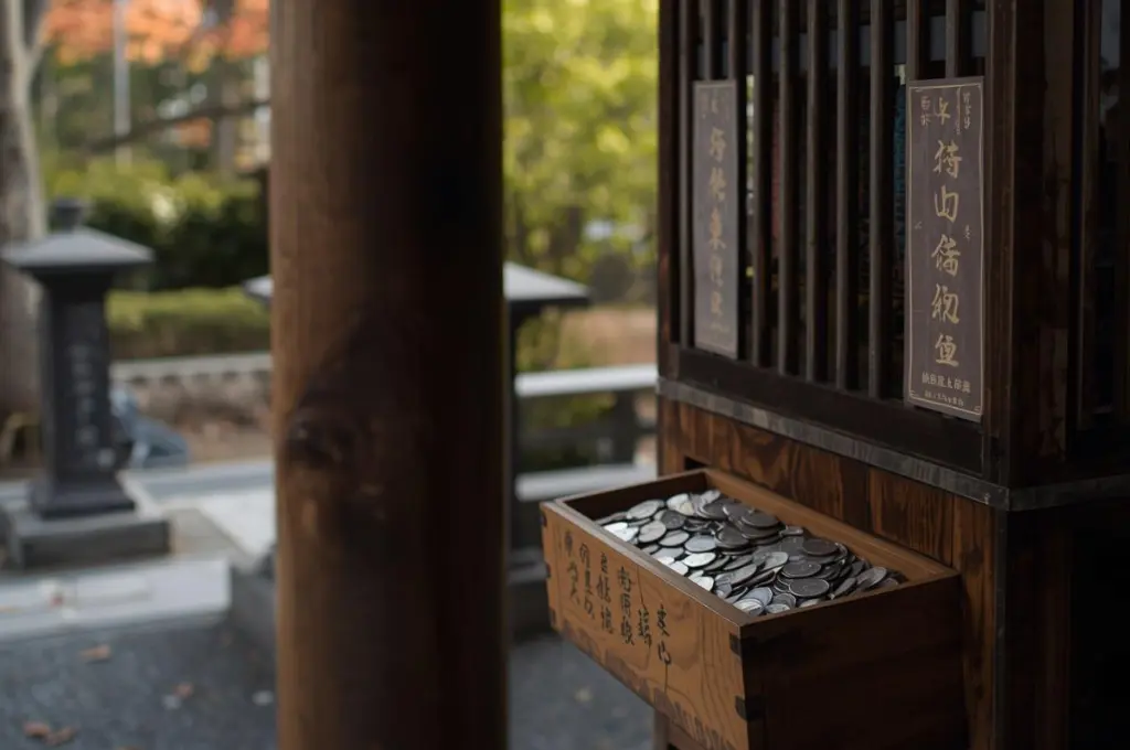 Using cash in Japan at shrine donation box with yen coins