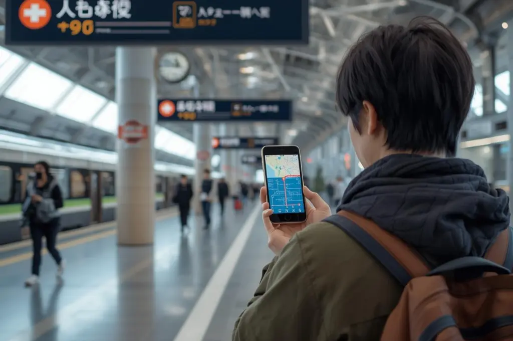 Tourist using smartphone for train navigation inside Tokyo Station