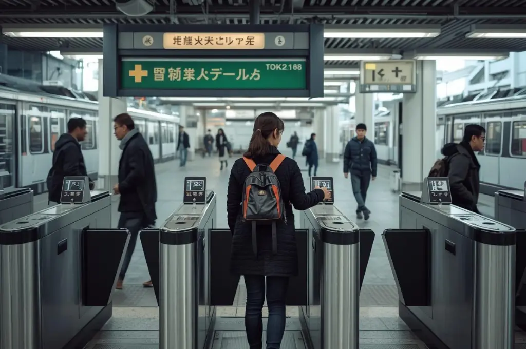 Traveler using IC card at train gates in busy Tokyo station