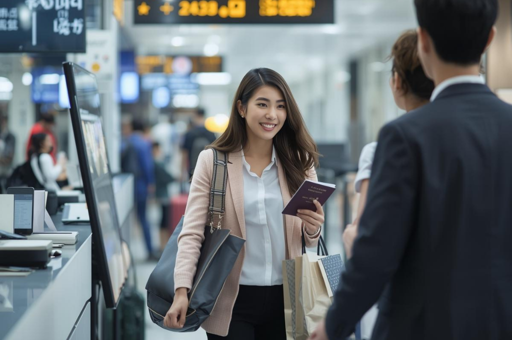 traveler presenting passport and receipts at Japanese airport tax refund counter before international departure