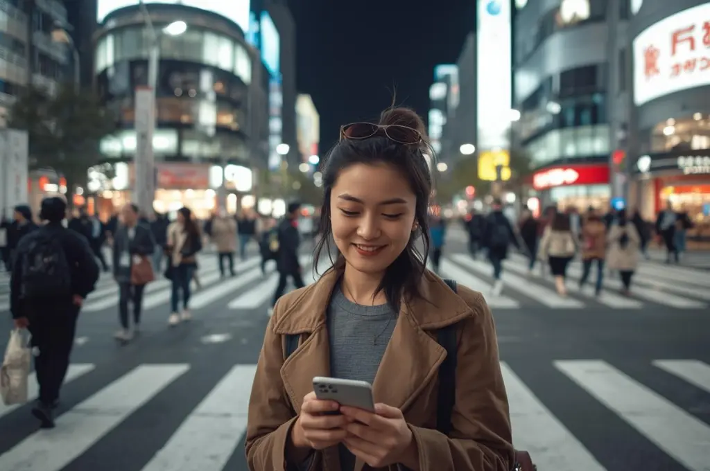 Solo traveler using smartphone in Tokyo city