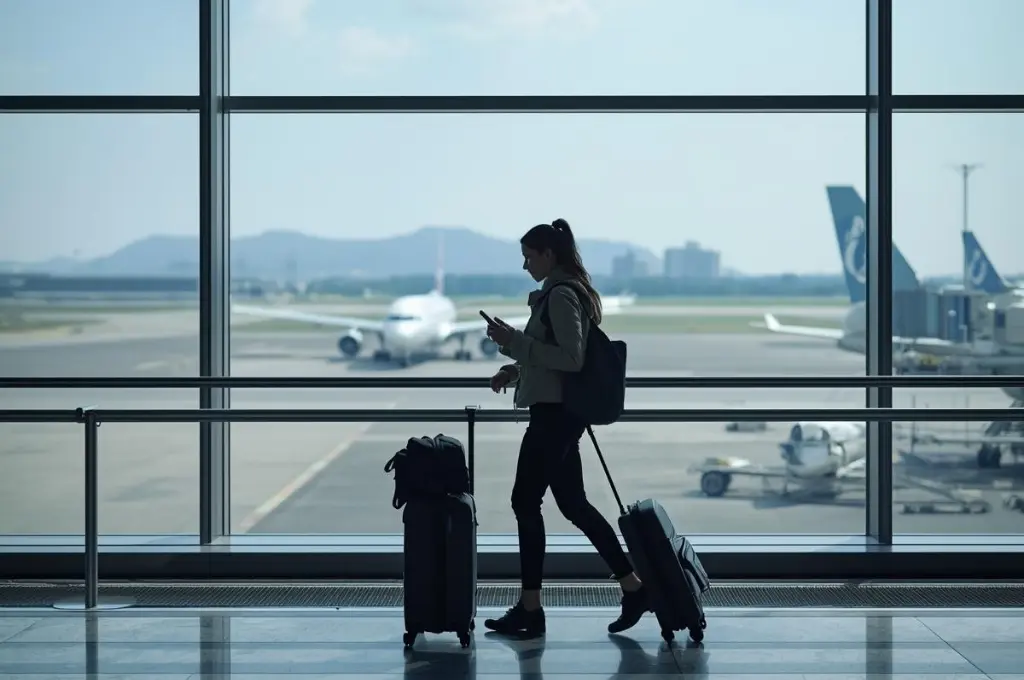 Traveler using a smartphone at an airport terminal before a flight to Japan, representing Japan travel internet planning